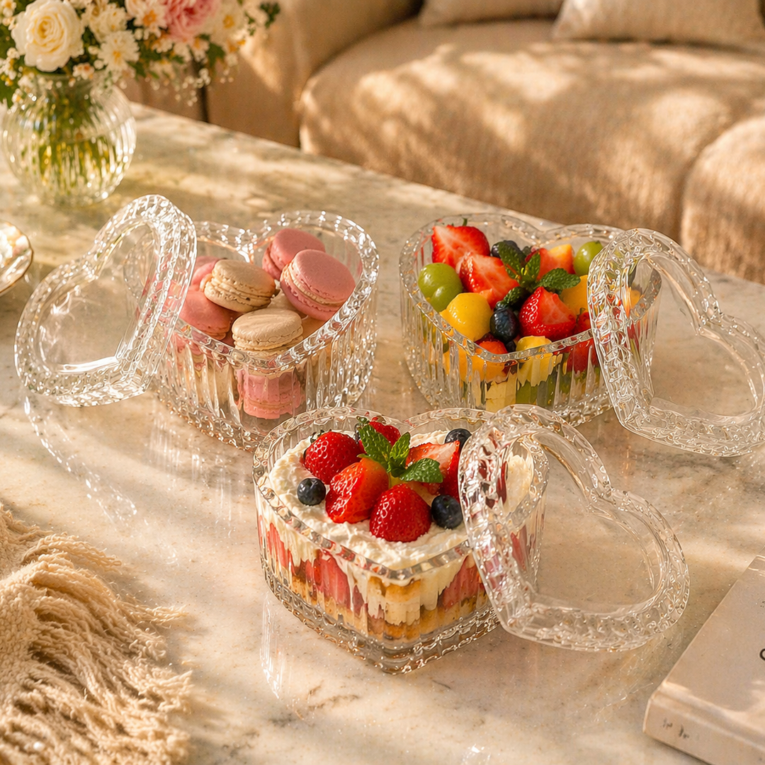 Heart-shaped glass boxes filled with macarons and fresh fruit