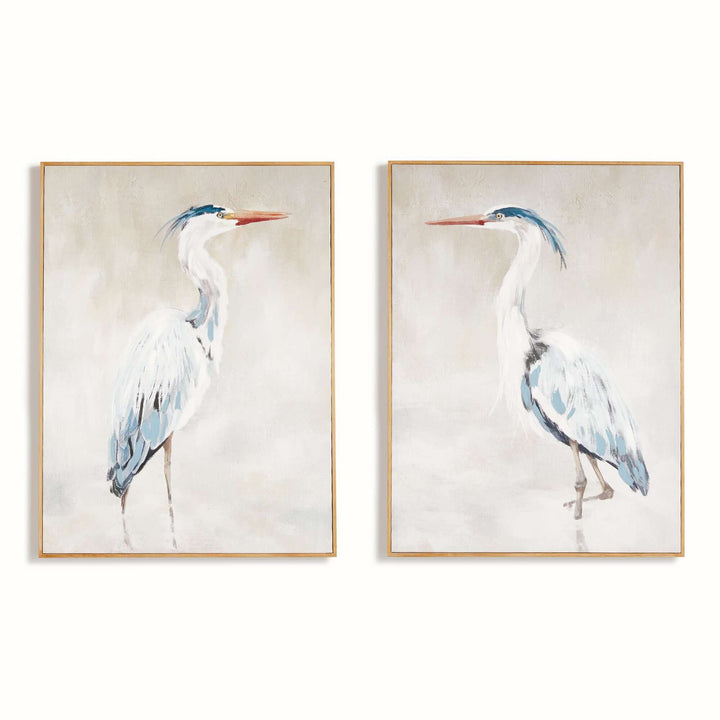 Heron Pair Giclée Canvas Prints with Wood Frames depicting elegant birds, symbolizing partnership, perfect for weddings or anniversaries.