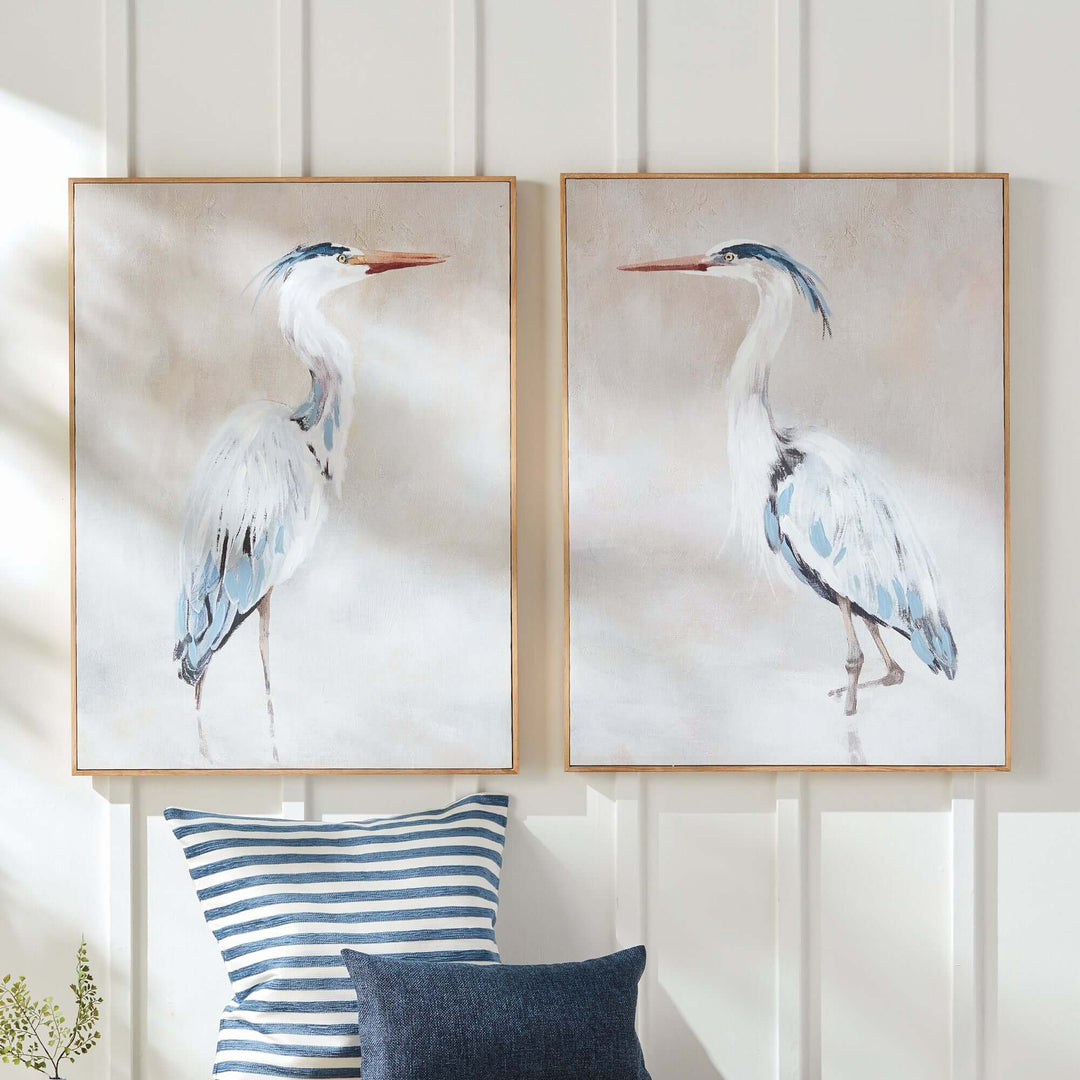 Heron Pair Giclée Canvas Prints with Wood Frames, depicting two elegant birds, ideal artistic gift for couples' celebrations.