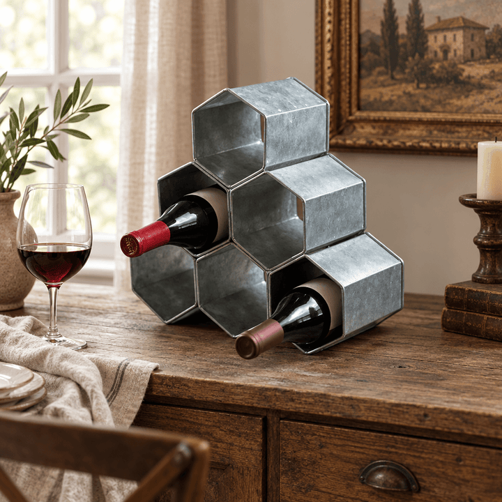 Hexagonal zinc wine rack holding wine bottles on a rustic dining-room sideboard.