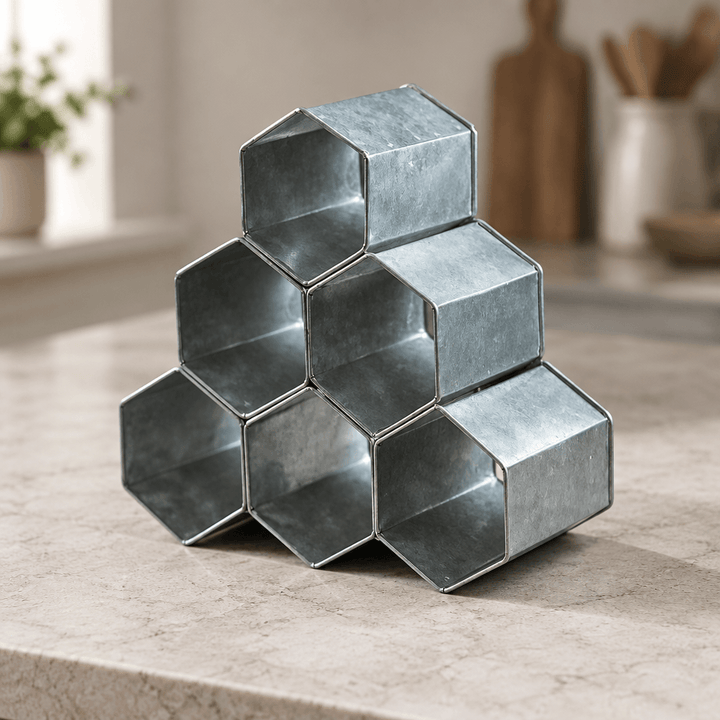 Hexagonal zinc wine rack on a stone countertop showing its gray metal surface and folded seams.