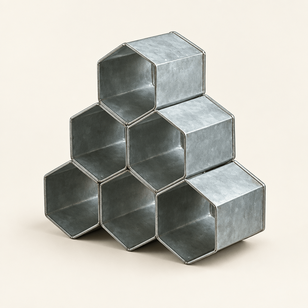 Six-compartment hexagonal zinc wine rack on an ivory studio background.