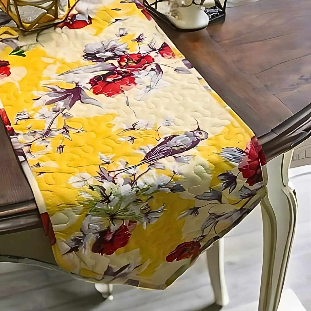 Yellow Floral Vintage Hummingbirds Garden Table Runner (925) on wooden dining table.