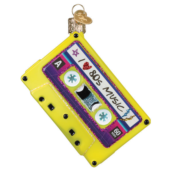 I Love the 80s Cassette Tape Christmas Ornament featuring a yellow retro cassette design celebrating 80s music nostalgia.