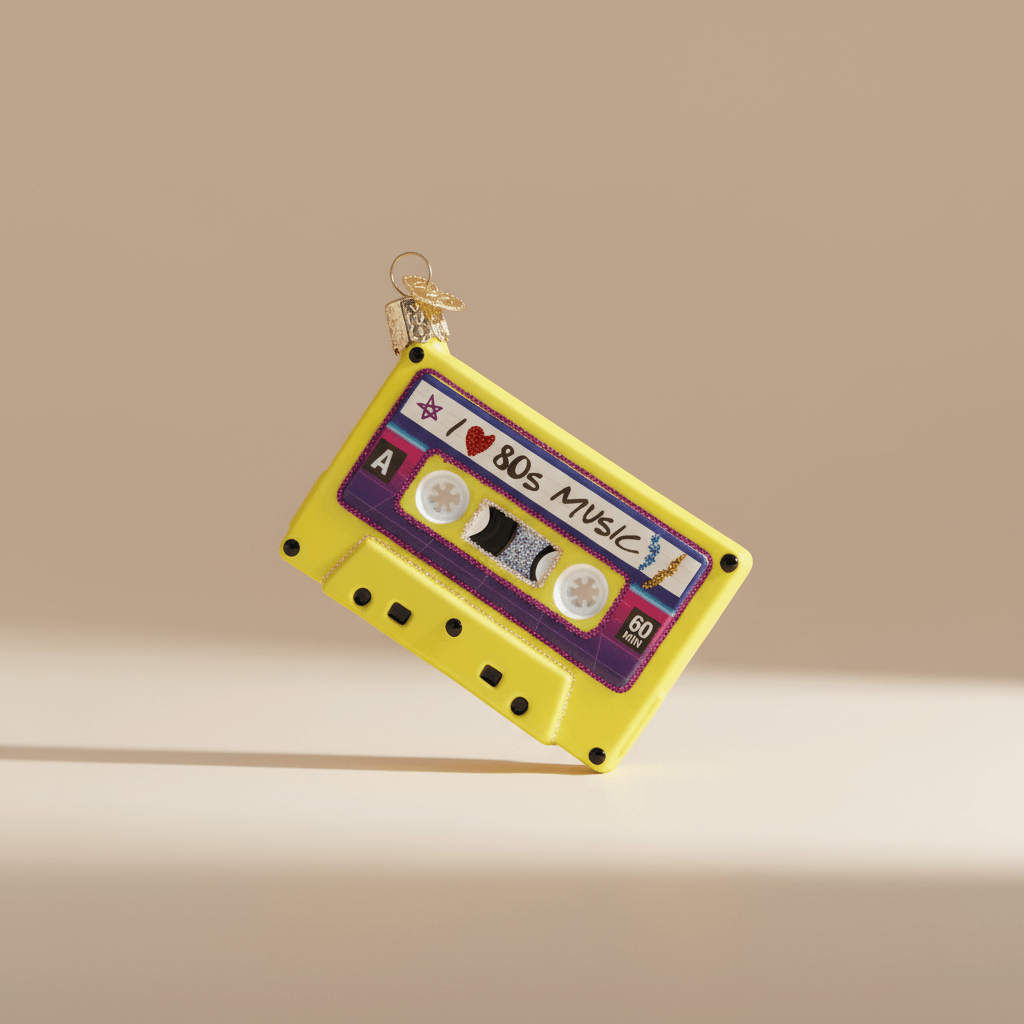 I Love the 80s Cassette Tape Christmas Ornament with retro yellow cassette design symbolizing 80s music nostalgia.