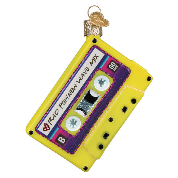 I Love the 80s Cassette Tape Christmas Ornament, yellow retro decor with Rad Pop/New Wave Mix label