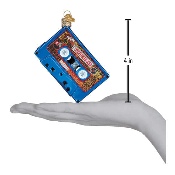 I Love the 90s Cassette Tape Christmas Ornament held in hand, showcasing nostalgic design and glittering details, perfect holiday decoration.