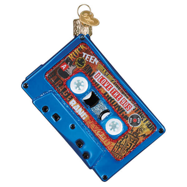 I Love the 90s Cassette Tape Christmas Ornament with blue cassette design and nostalgic mixtape pattern for holiday décor.