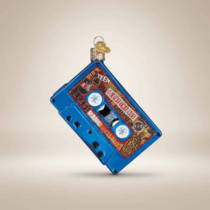 I Love the 90s Cassette Tape Christmas Ornament capturing 90s mixtape nostalgia with glittering glass design.