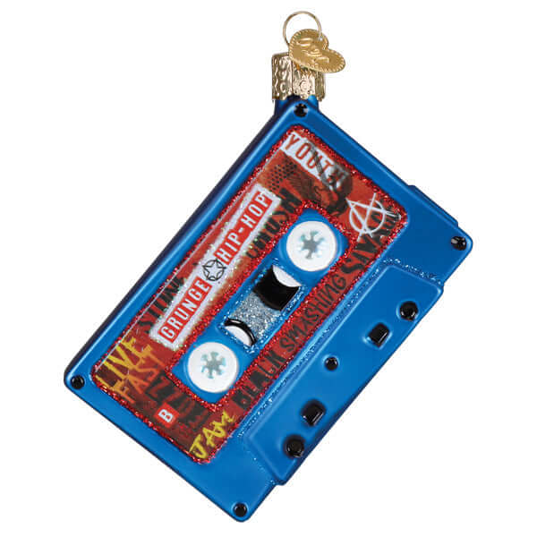 I Love the 90s Cassette Tape Christmas Ornament, nostalgic glass ornament with vibrant colors and retro cassette design.