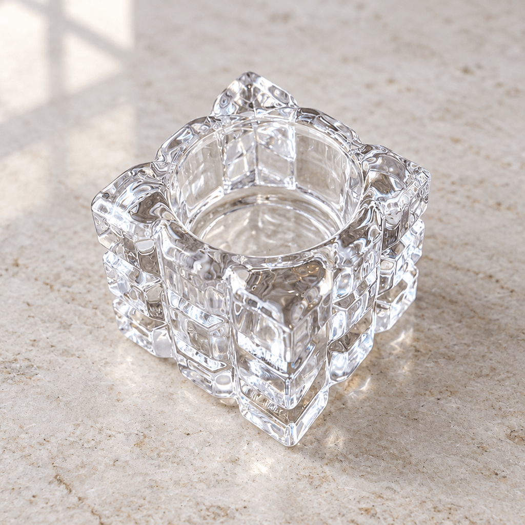 Close view of clear textured glass cube tealight holder and its round recessed opening.
