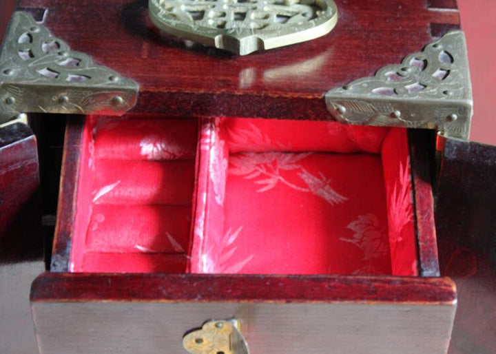 Handmade Vintage Wooden Jewelry Cabinet, Jade Insert Doors, Brass Hardware with red silk-lined drawers.