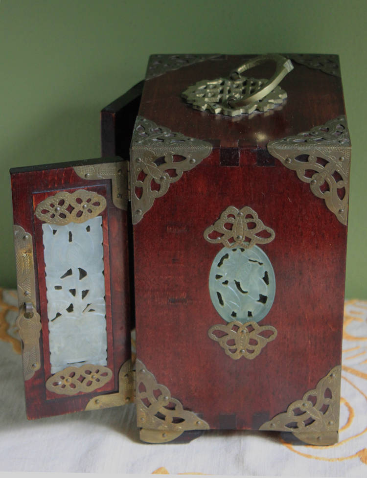 Handmade Vintage Wooden Jewelry Cabinet, Jade Insert Doors, Brass Hardware with intricate details and jade inlays.
