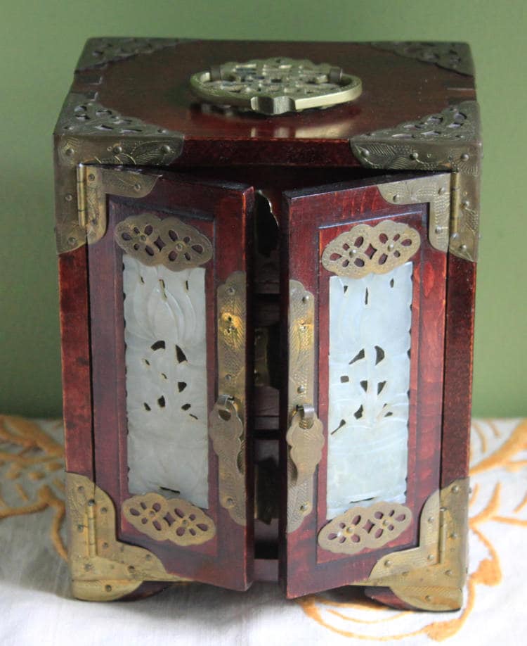 Handmade Vintage Wooden Jewelry Cabinet, Jade Insert Doors, Brass Hardware with ornate detailing and elegant jade insets.
