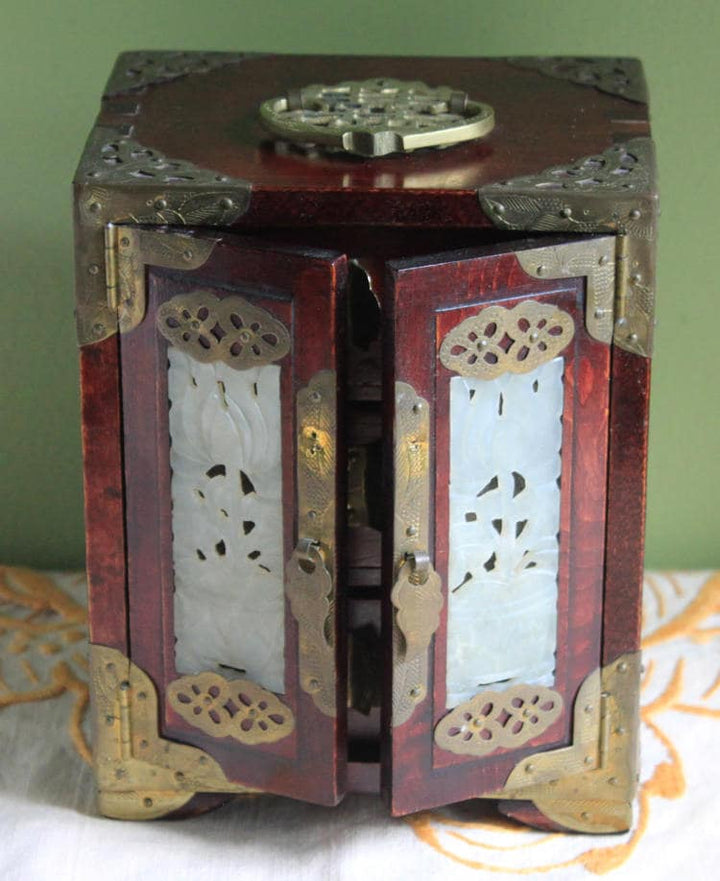 Handmade Vintage Wooden Jewelry Cabinet, Jade Insert Doors, Brass Hardware with ornate detailing and elegant jade insets.