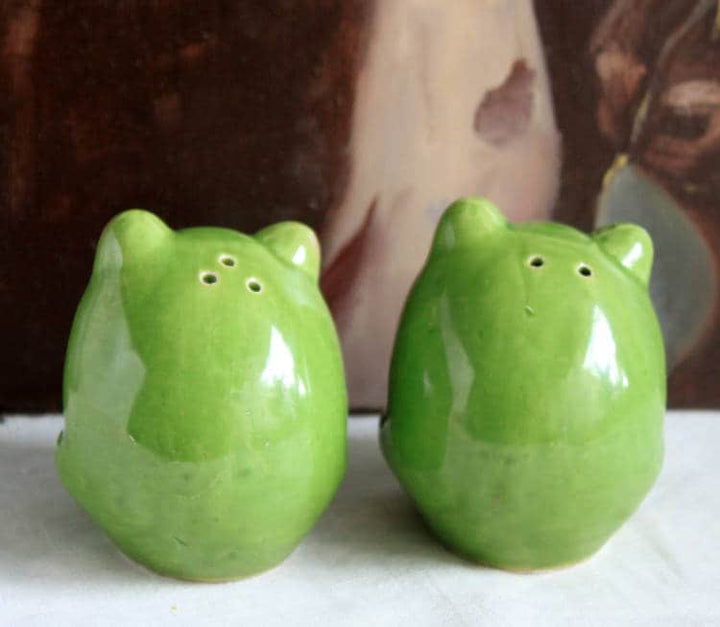 Salt and Pepper Whimsical Frog Shakers with Red Bow Ties, hand-painted green frog shakers made in Occupied Japan.