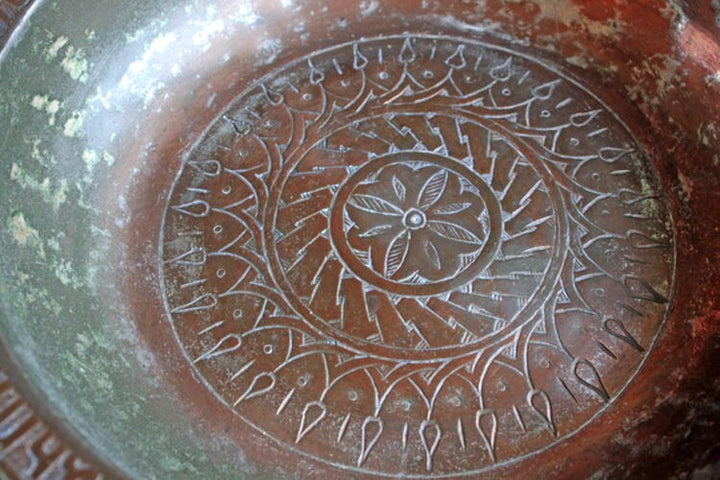 Antique Indian Hammered Copper Bowl – Large Hand-Pounded Tinned Rustic Pan with intricate floral patterns.