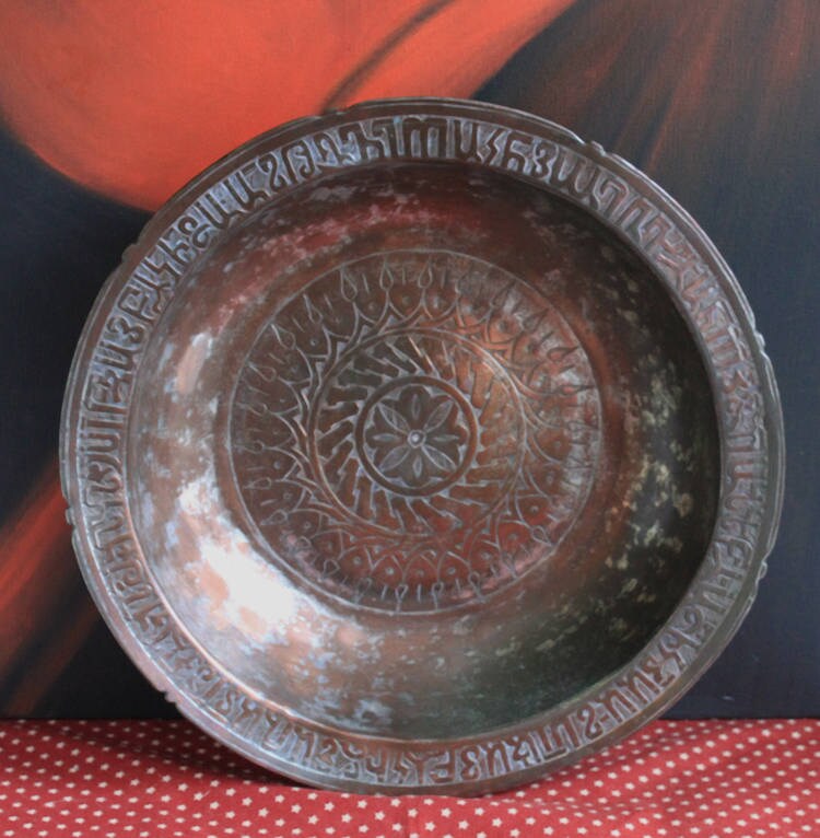 Antique Indian Hammered Copper Bowl – Large Hand-Pounded Tinned Rustic Pan with intricate floral and text patterns.