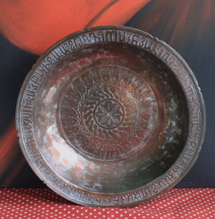 Antique Indian Hammered Copper Bowl – Large Hand-Pounded Tinned Rustic Pan with intricate floral and text patterns.