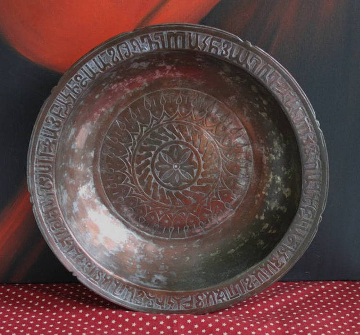 Antique Indian Hammered Copper Bowl – Large Hand-Pounded Tinned Rustic Pan with intricate floral patterns.