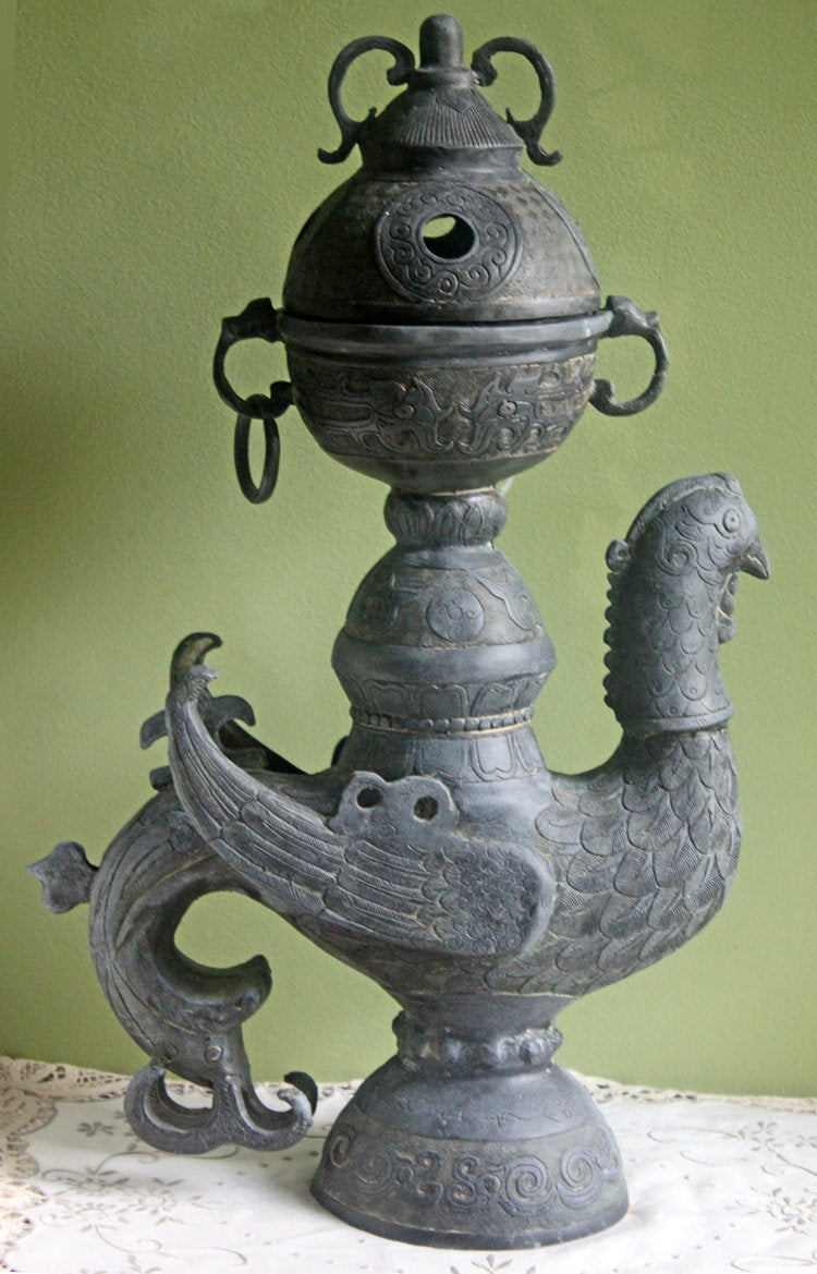 Antique Bronze Bird Incense Burner, Asian Ritual Vessel - Ornate large incense burner in bird shape, 18th-19th century.