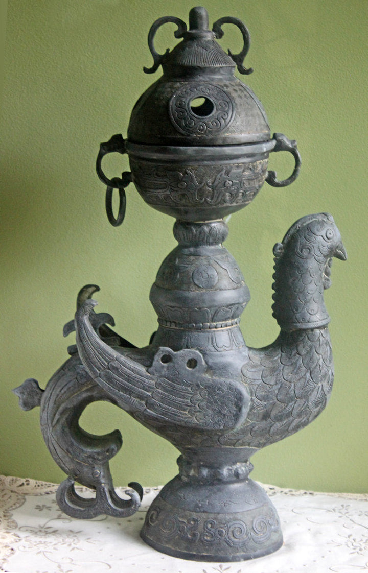 Antique Bronze Bird Incense Burner, Asian Ritual Vessel - Ornate large incense burner in bird shape, 18th-19th century.