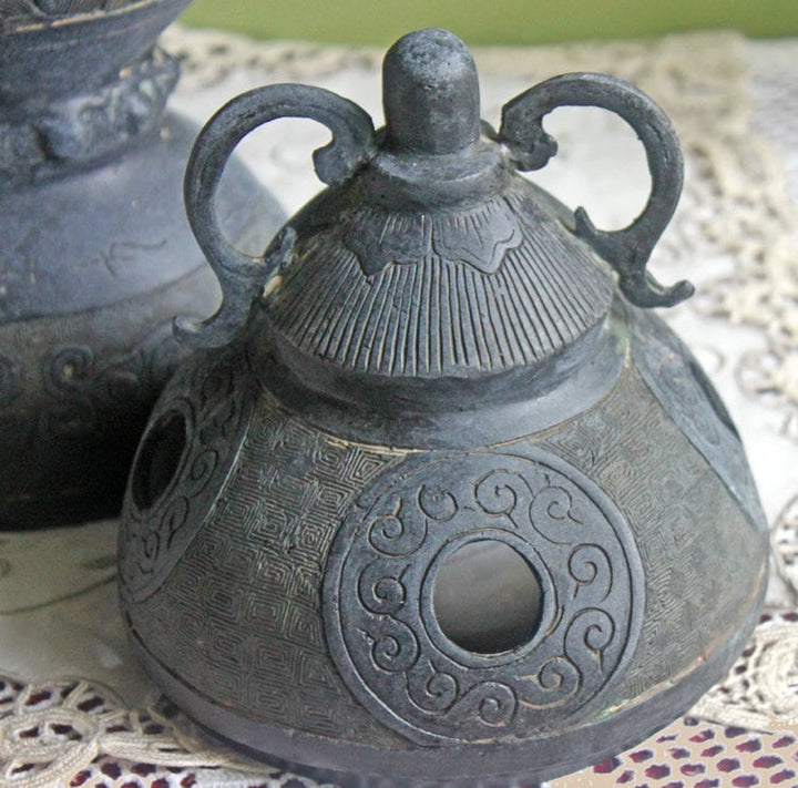 Antique Bronze Bird Incense Burner, Asian Ritual Vessel close-up showing intricate designs and openings.