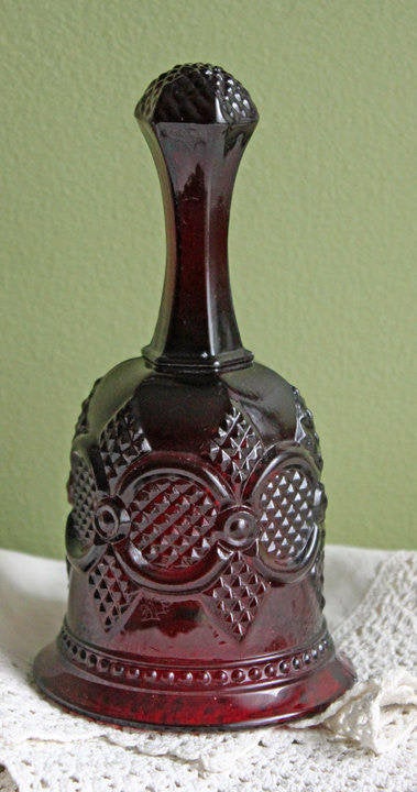 Glass Bell by Avon - Cape Cod Collection Ruby Color Sandwich Glass, beautiful embossed design and translucent red glass.