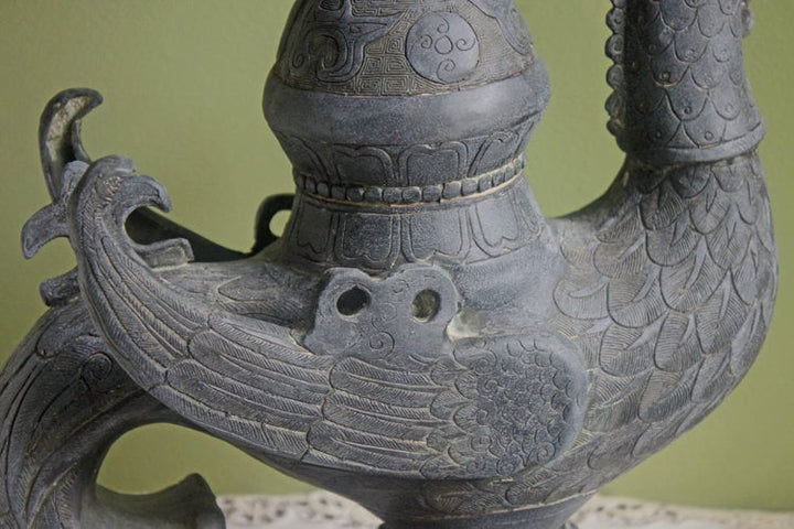 Antique Bronze Bird Incense Burner, Asian Ritual Vessel detail showing ornate design and craftsmanship.