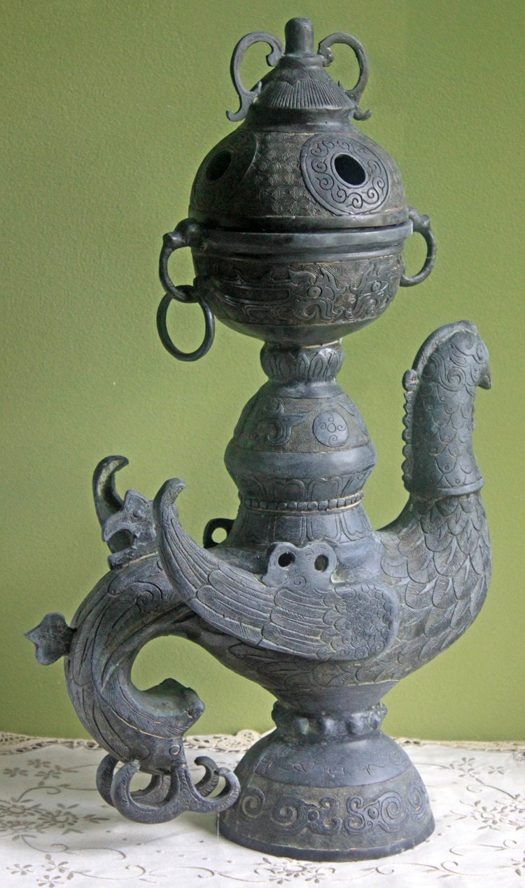 Antique Bronze Bird Incense Burner, Asian Ritual Vessel - Ornate detail and unique design from 18th-19th Century China.