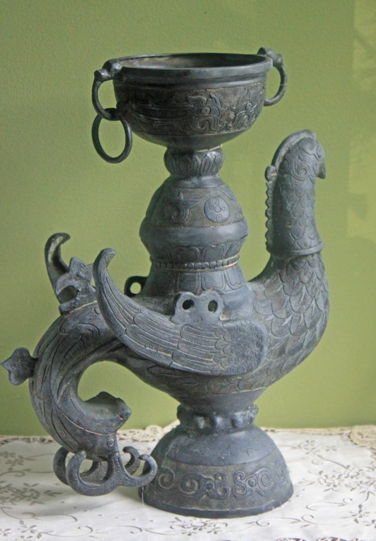 Antique Bronze Bird Incense Burner, Asian Ritual Vessel displayed against a green background.