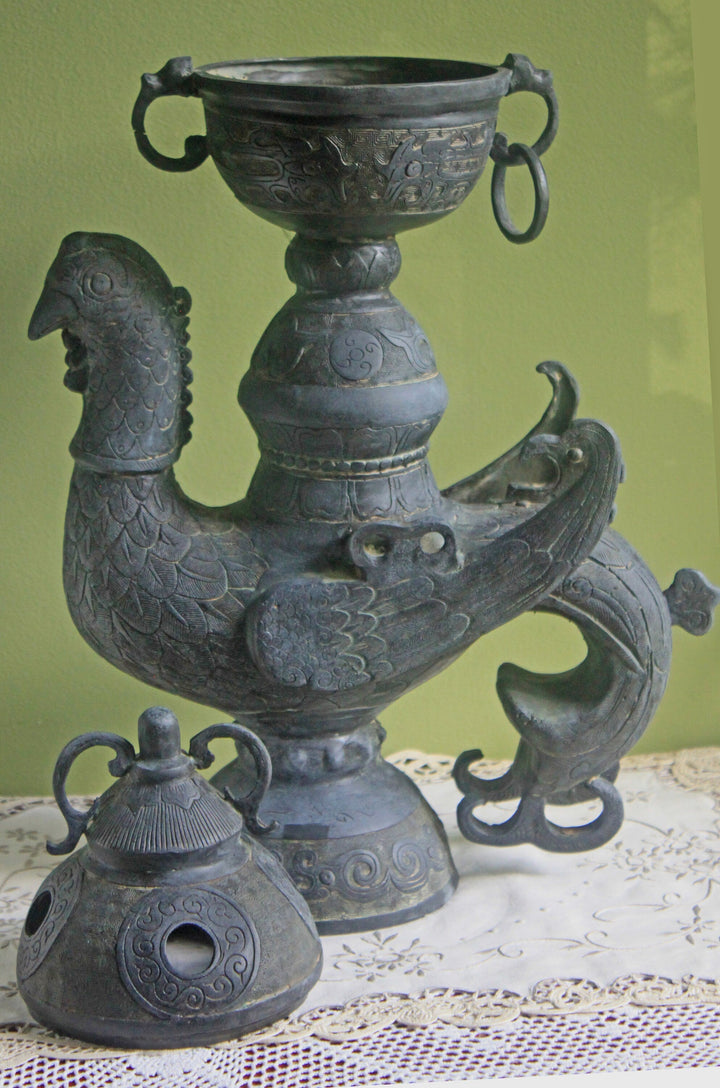 Antique Bronze Bird Incense Burner, Asian Ritual Vessel displayed on a table with intricate detailing.