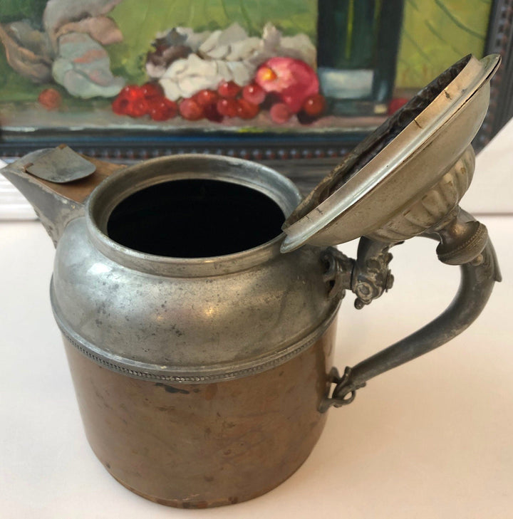 Antique Manning Bowman Copper Pewter Coffee Pot, Ornate Lid - Rustic Decor, showcasing vintage design and unique charm.