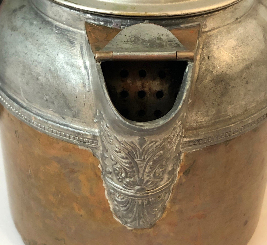 Antique Manning Bowman Copper Pewter Coffee Pot, Ornate Lid - Rustic Decor close-up of spout detail, showcasing vintage design.