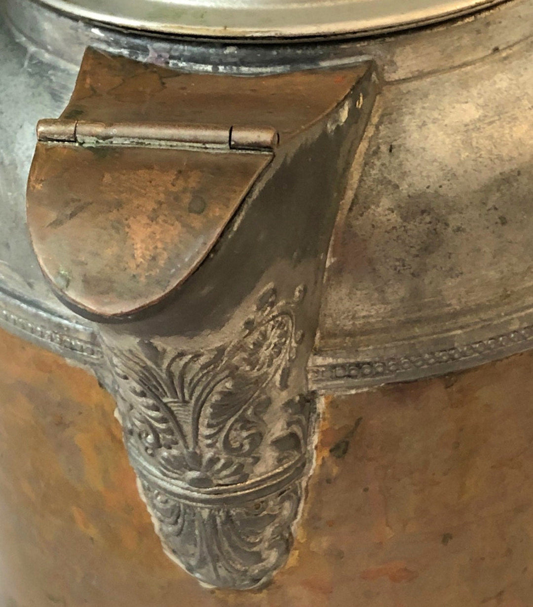 Antique Manning Bowman Copper Pewter Coffee Pot, Ornate Lid - Rustic Decor close-up of detailed spout and lid.