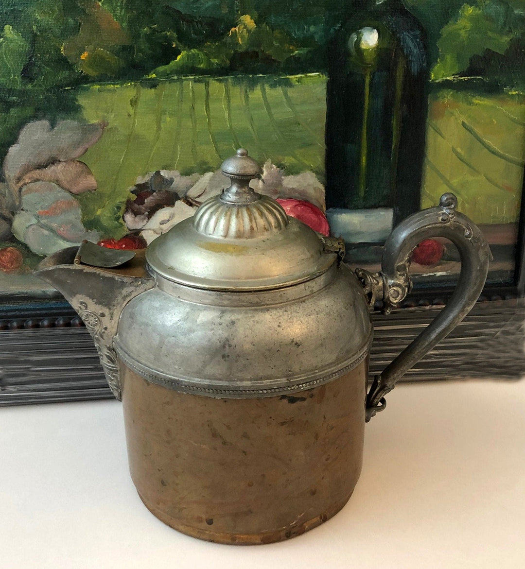 Antique Manning Bowman Copper Pewter Coffee Pot, Ornate Lid - Rustic Decor, vintage coffee pot with ornate design