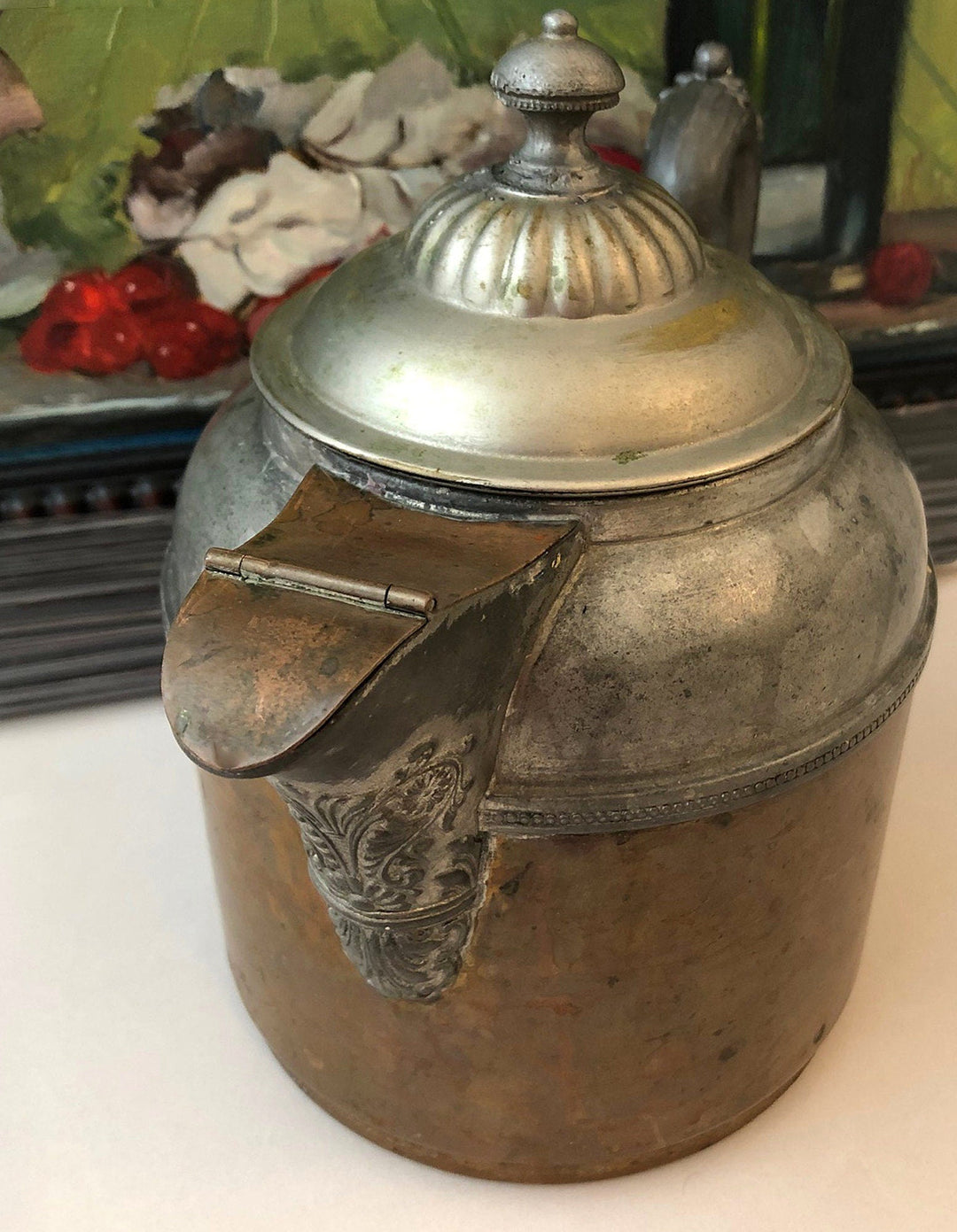 Antique Manning Bowman Copper Pewter Coffee Pot, Ornate Lid - Rustic Decor in vintage condition.