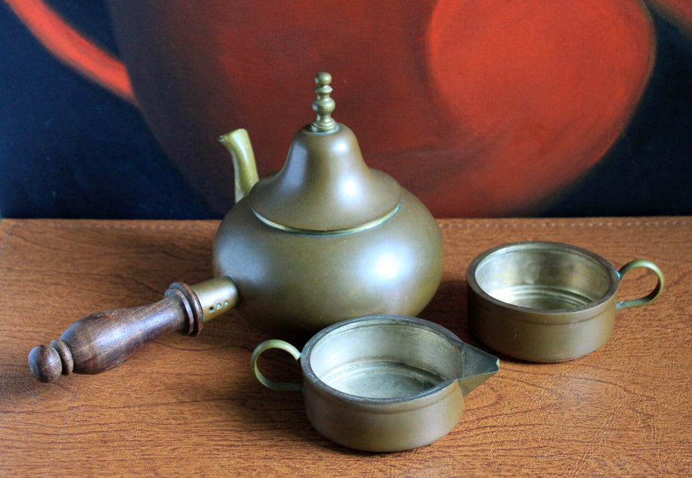 Antique Copper Turkish Coffee Maker Set, Wooden Handle, Tin Lined with matching creamer and cups displayed on wooden surface.