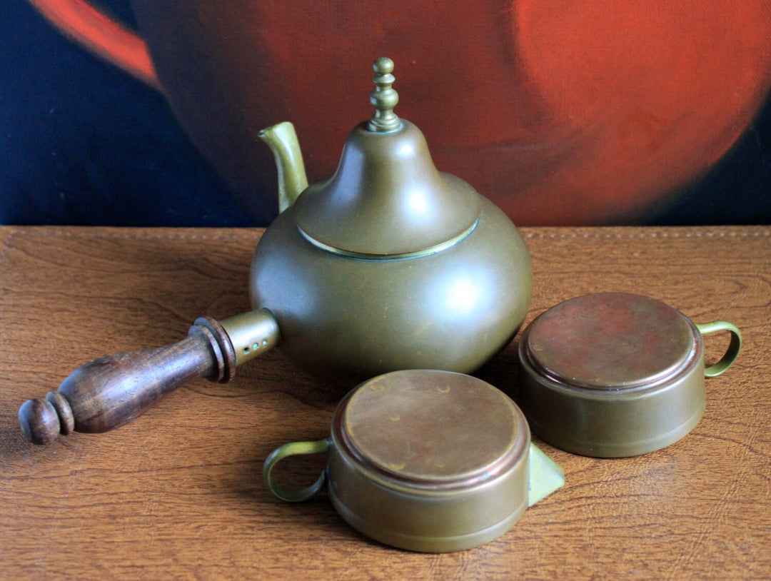 Antique Copper Turkish Coffee Maker Set, Wooden Handle, Tin Lined featuring pot and creamer.