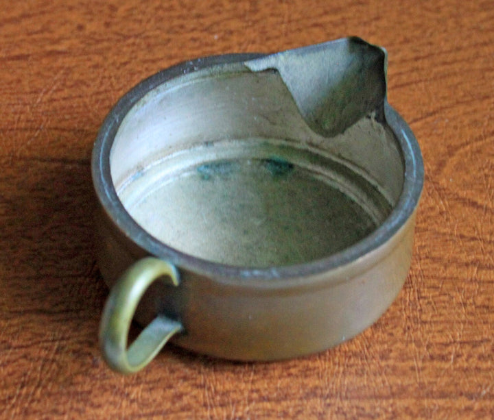 Antique Copper Turkish Coffee Maker Set, Wooden Handle, Tin Lined - inside view of the creamer with a greenish tint.