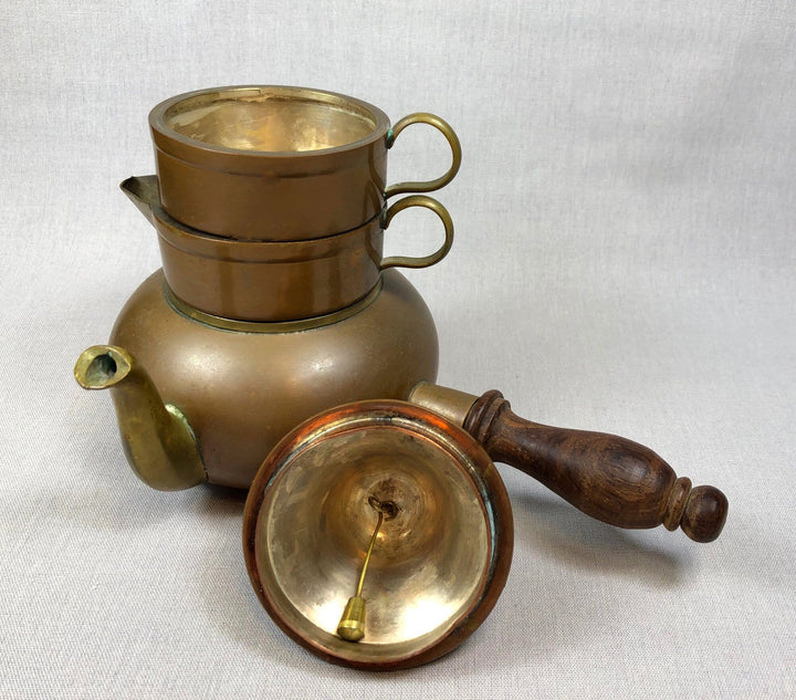Antique Copper Turkish Coffee Maker Set, Wooden Handle, Tin Lined featuring a cezve, creamer, and cup with elegant design.