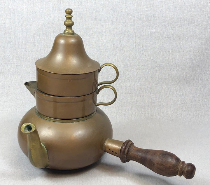 Antique Copper Turkish Coffee Maker Set, Wooden Handle, Tin Lined with creamer and cup in a beautiful design.