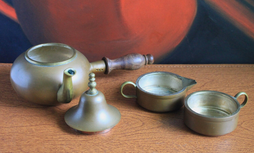 Antique Copper Turkish Coffee Maker Set, Wooden Handle, Tin Lined including cezve, creamer, and cup with a bell lid.