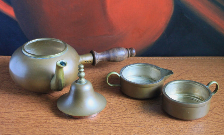Antique Copper Turkish Coffee Maker Set, Wooden Handle, Tin Lined including cezve, creamer, and cup with a bell lid.