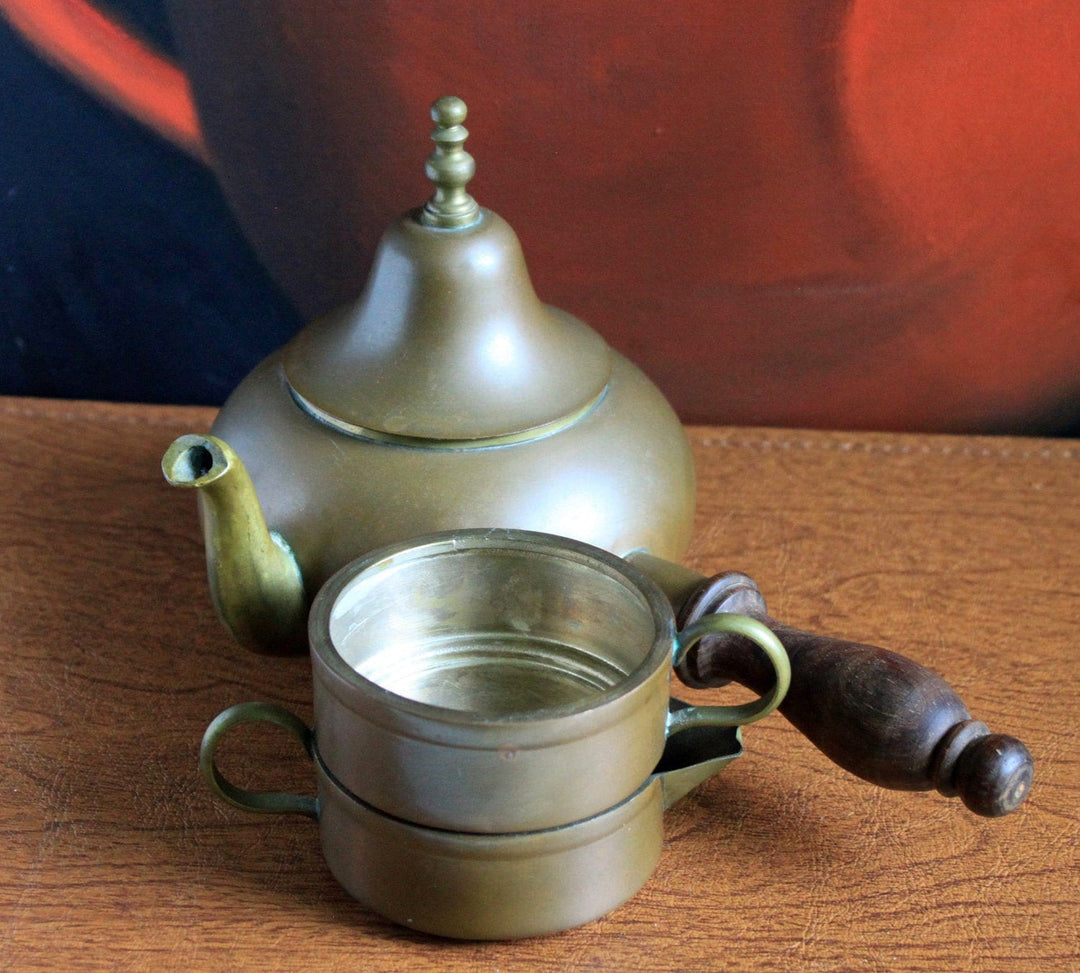 Antique Copper Turkish Coffee Maker Set, Wooden Handle, Tin Lined with creamer and cup.