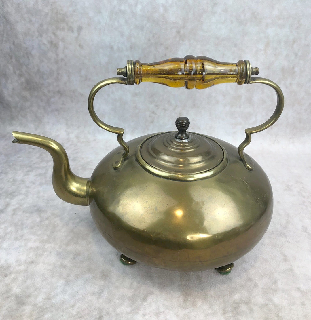 Antique Brass Kettle with Yellow Glass Handle, Footed Teapot, Home Decor, vintage tea pot with feet and classic shape.