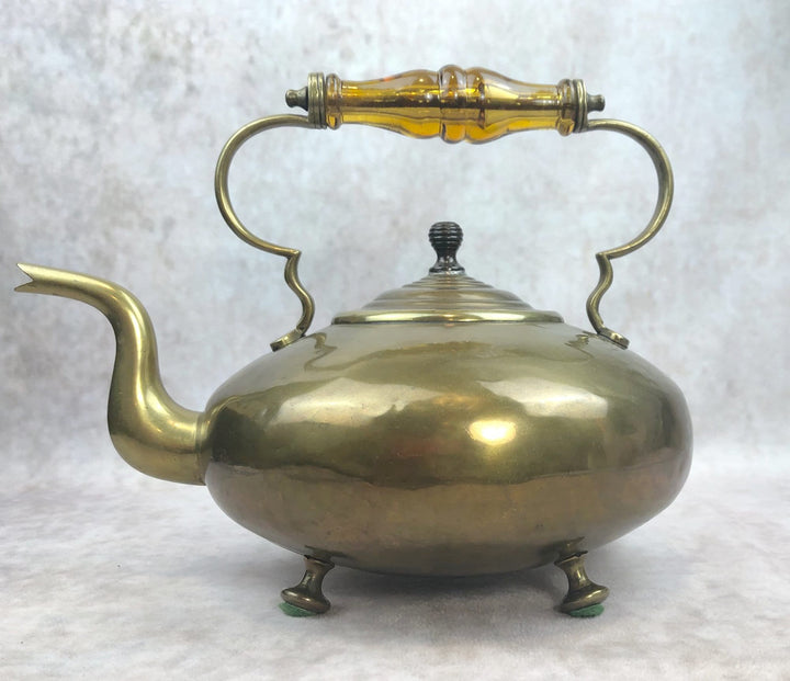 Antique Brass Kettle with Yellow Glass Handle, Footed Teapot, Home Decor. Vintage kettle with classic shape and good condition.