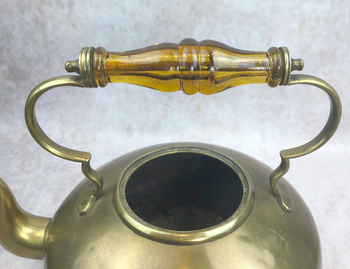 Antique Brass Kettle with Yellow Glass Handle, Footed Teapot, Home Decor - close-up of handle and kettle.