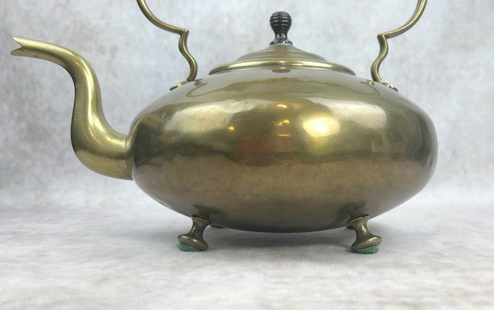 Antique Brass Kettle with Yellow Glass Handle, Footed Teapot, Home Decor - Vintage kettle with a classic shape and unique feet.