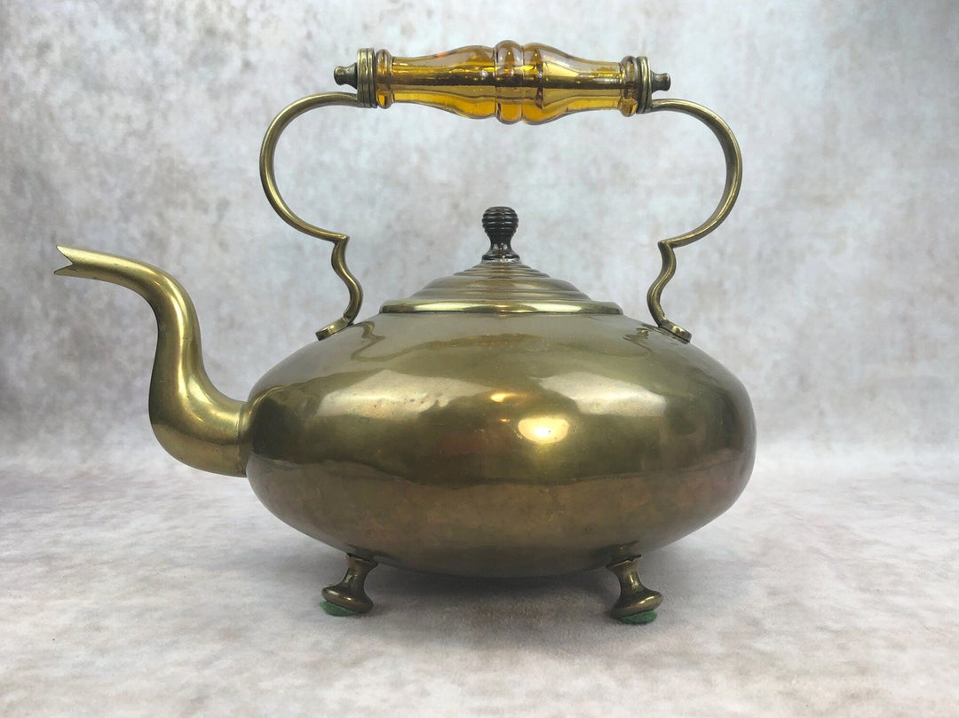 Antique Brass Kettle with Yellow Glass Handle, Footed Teapot, Home Decor, vintage kettle tea pot